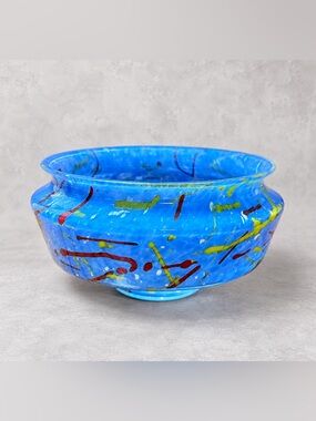 Antique Blue Art Glass Bowl Abstract Splatter Confetti Footed Hand Blown Vintage